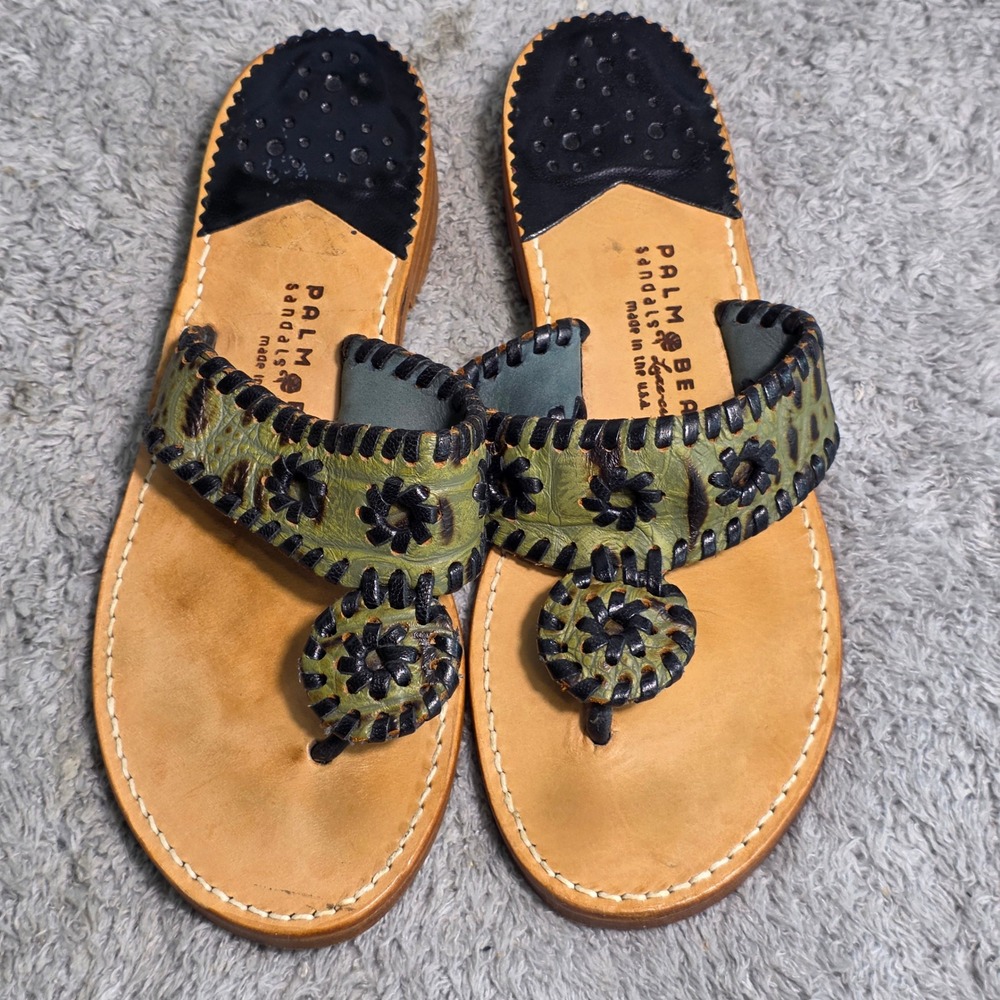Palm‎ Beach by Jack Rogers All Leather Sandals Thong Green Medallion Womens 8